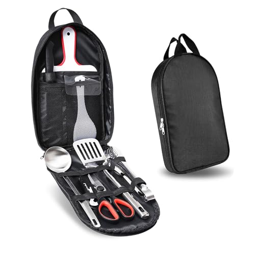 Yeqqzq 9 Pcs Camping Utensils Set, Camp Cooking Kit, Outdoor Kitchen Utensil Organizer with Scissors, Food Tongs, Rice Spoons, Cutting Boards, Soup Spoons, Multi-functional Bottle Opener