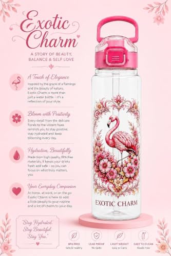 Image of Exotic Charm Flamingo Printed Water Bottle 1 Litre with Straw & Gulp Drinking