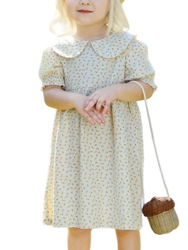 Peter Pan Dress Girls Summer Puff Sleeved Girls Floral Dress Back Wood Buttons Boutique Girls Casual Dress