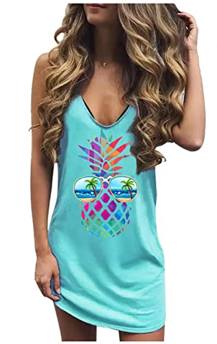 Image of Live Simple Coconut Tree Sleeveless Mini Dress Summer Beach Mini Dress Women's Summer Casual Sexy V Neck Mini Tank Dress
