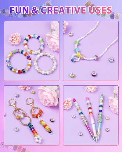 120PCS FIVEIZERO Rhinestone Large Hole Beads for Jewelry Making, 20 Colors Rhinestone European Bead Bulk Spacer Beads for Beadable Pens, DIY Crafts