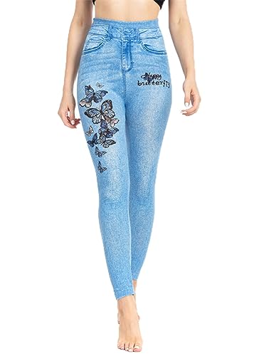 ORANDESIGNE Femme Legging Imprimés Denim et Papillons Leggings Imitation Jean Jeggings Taille Haute Slim Pantalon Moulant Collant Extensible Pantalon de...