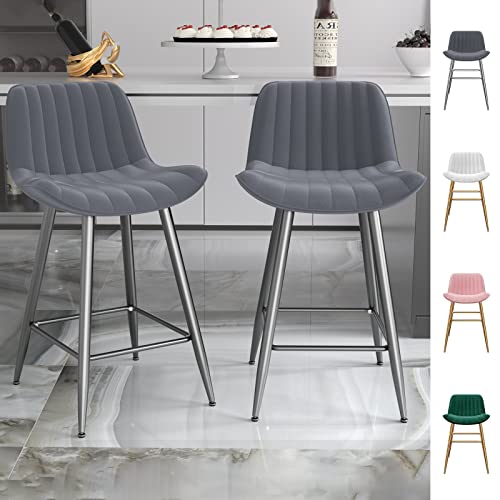 Sucrever Bar Stools Set Of 2, 24" Bar Chairs Leather Counter Height Bar Stools With Back Silver Metal Legs And Footrest, Modern Bar Stools Barstools For Kitchen Counter Bistro Pub, Gray #TOP23