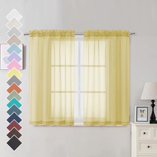 Image of Mustard Yellow Sheer Curtains 45 Inches Long 2 Panels, Light Filtering Sheer Curtains for Bedroom, Elegant Airy Draperies for Living Room Nursery Room, Dual Rod Pocket, Each 42Wx 45L