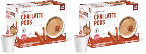 Image of Amazon Brand - Happy Belly Tea Pods Compatible with 2.0 K-Cup Brewers, Chai Latte, 24 Count, Pack of 2 (Previously Solimo)