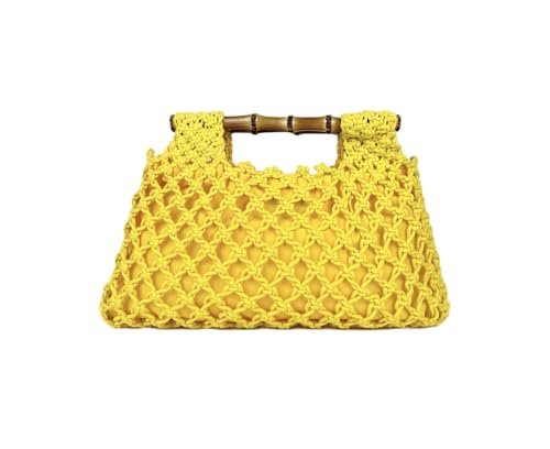 Strohtasche aus gewebtem Netzstoff für Damen, Bambusgriff, Strand-Clutch, Hobo-Clutch, Handtasche,