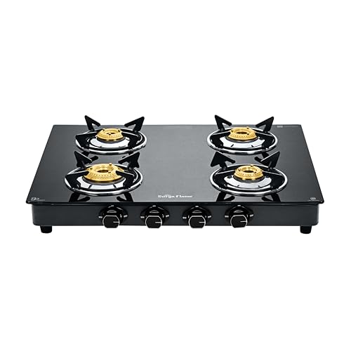 Image of Surya Flame Maestro 4-Burner Gas Stove, Toughened Glass Cooktop, 1 Jumbo Burner + 3 Tri-Pin Brass Burners, Manual Ignition, Black