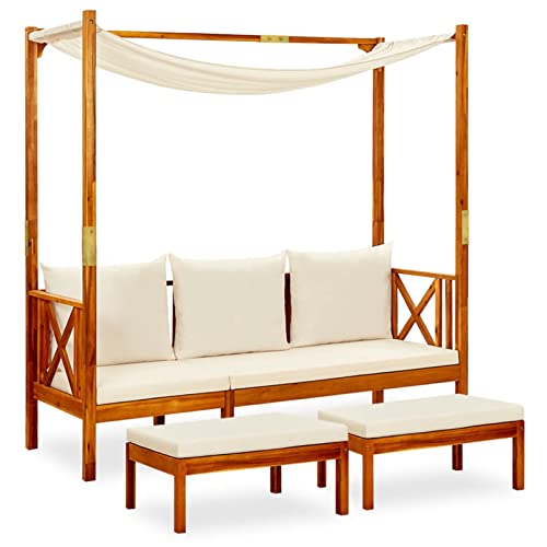 Norheim Banco de jardín con toldo y reposapiés de madera maciza de acacia