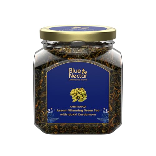 Image of Blue Nectar Green Tea Loose Leaves for Weight Management with Idukki Cardamom | Detox Green Tea Strainer Packed in Eco Friendly Glass Jar (65g)