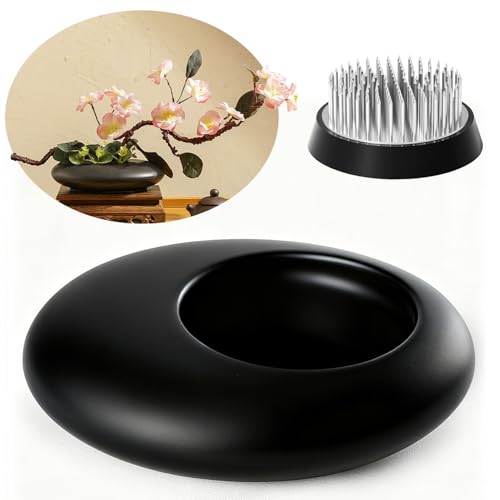 Japanese Inspired Ceramic Vase Ikebana kit, Pebble Shaped Flower Arrangement Bowl with 2inch Flower Frog Pin Frog Flower Stems Holder (Black)