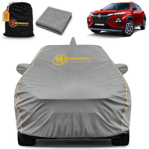 Image of Maruti Fronx 100% Waterproof Car Cover for All Weather Protection with Mirror & Antena Pocket Inner Cotton Layer Triple Stitched Cover with Adjustable Belt Bottom Elastic to Secure Fit-Grey