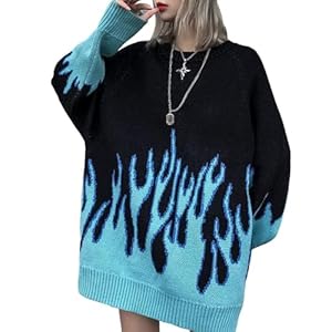 Vamtac Womens Crewneck Oversized Sweaters Y2K Aesthetic Flame Graphic Knitted Sweater Casual Pullover Long Sleeve Jumper