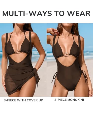 CUPSHE Women's One Piece Swimsuit Halter Neck Self Tied Bikini Top Monokini Bathing Suit Mesh Sarong Cover Up2