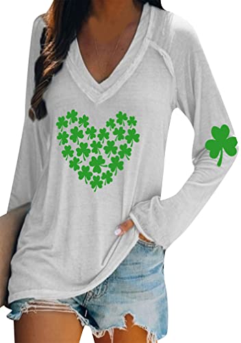 Image of BOFETA Women St Patricks Day Sweatshirts Loose Long Sleeve Shirts Green Shamrock Print Blouse Flowy Color Block Pullover Tops