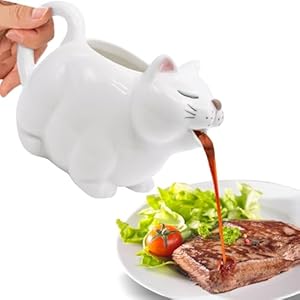 Ceramic Gravy Boat,700ML/23Oz Cat Sauce Jug with Hand Painted White Fine Porcelain – Perfect for Serving Jars of Salad Dressing, Broth, Cream, Milk for Thanksgiving, Halloween, Christmas