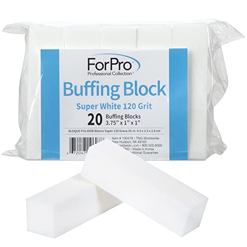 ForPro Professional Collection Super White Buffing Block, 120 Grit, Four-Sided Manicure and Pedicure Nail Buffer, 3.75” L x 1” W x 1” H, 20-Count