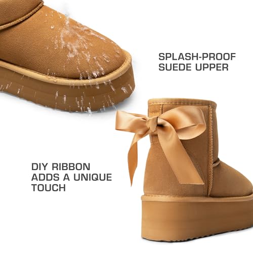 DREAM PAIRS Genuine Suede Classic Platform Boots for Women Water Resistant FuzzyClassic Ankle Winter Snow Low Boots with DIY Bows Faux Fur Lining Memory Foam Anti-Slip,Size 8,Chestnut,SDSB2428W