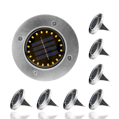 Vicyol S&D 8 Luces Solares Jardín Exterior 20LED con Luz Blanca Fría 6000-6500 Kelvins. Foco Iluminación de Caminos Impermeable IP65 de Acero Inoxidable para Césped, Patio, Piscina Cover