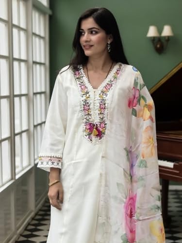 Image of INDO ERA Women's Liva Floral Embroidered Thread Work A-Line Kurta & Pant with Dupatta Set | Anarkali Kurta Set With Dupatta