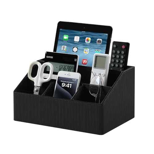 Cretkhp Remote Control Holder with 5 Compartments for Office Art Supplies, PU Leather Nightstand Organizer Pencil Pen Desk Caddy for Home, Desktop TV Remote Control Organizer Storage (Striped Black)