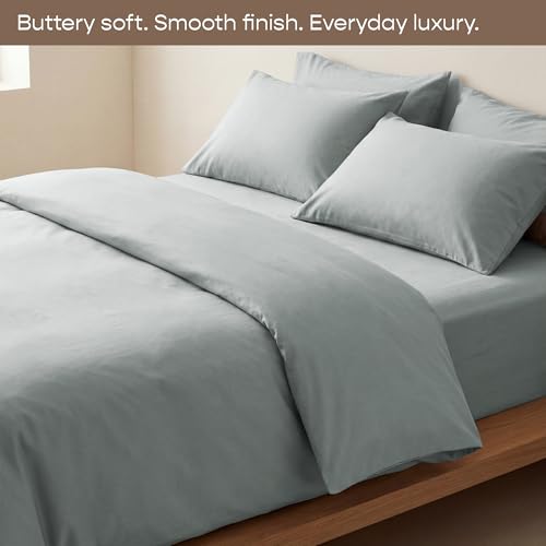 Image of SleepyCat 300TC Sateen Fitted Sheets with 1 Pillowcase | 100% Cotton Bedsheet | Buttery Soft Feel | 360 Elastic Grip | Side Pockets for Phone, Keys & Books | Denim, Single Size, 72x36 Inch