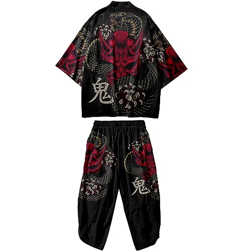 DOSLAVIDA Men's Kimono Cargigan Suits Lightweight 2 Piece Beach Outfits Japanese Open Front 3/4 Sleeve Shirt & Shorts