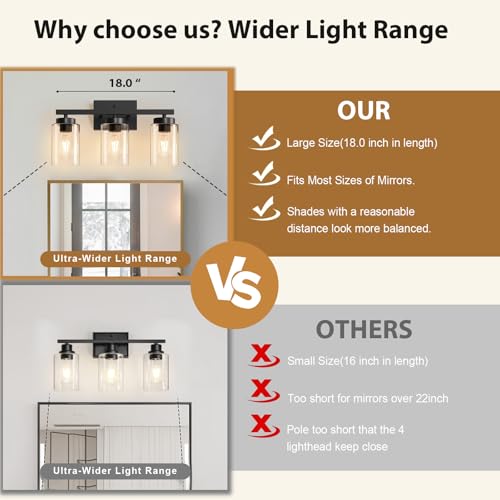 Image of IZORRO Bathroom Light Fixtures, Modern Vanity Lights, Bathroom Lighting Fixtures Over Mirror with Clear Glass Shade, Wall Sconce for Living Room Cabinet Bedroom (Matte Black, 3-Light)