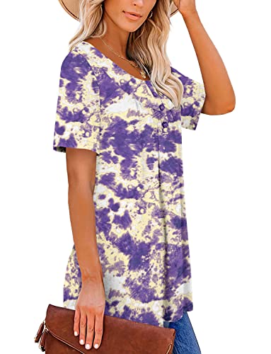 Womens Short Sleeve Tunic Tops Purple Henley Shirts Casual Summer Tops Xl #TOP2