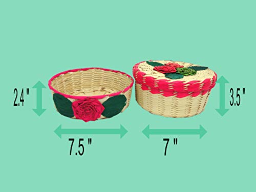 2 Pack Mexican Handmade Palm Baskets (One With Lid) And 1 Woven Napkin Cloth (Servilleta Mexicana) 100% Cotton Eco Friendly Tortilla Warmer (Tortillero) For Party, Fiesta Decoration (Pink) #TOP1