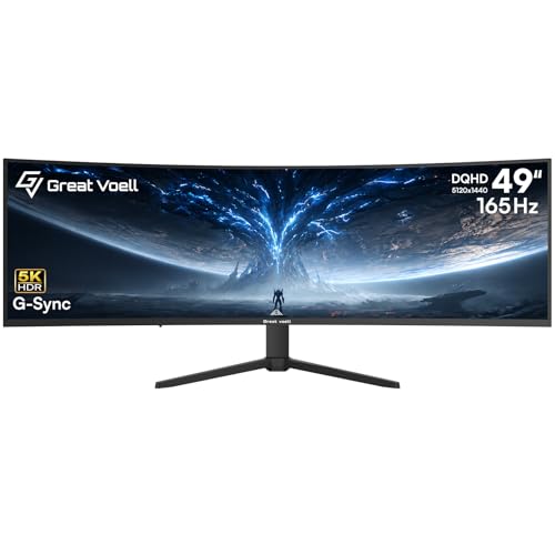 Great voell 49 Inch 165Hz Curved Gaming Monitor, 1500R DQHD 5K 32:9 Display, 1ms Response Time, HDR400, NVIDIA G-Sync& FreeSync, 127% sRGB, Adjustable Stand, VESA, Pro Gaming & Creating