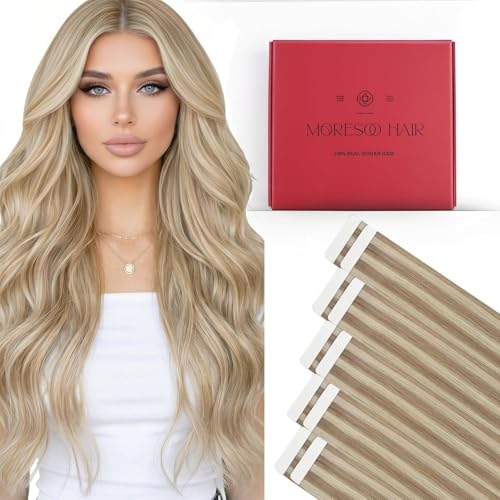 Image of Moresoo Hair Extensions Tape in Human Hair Honey Blonde 18in 10Pcs 25g | Blonde tape in extensions, lightweight pieces, honey blonde dimension for soft waves, dinner looks and weekend styling