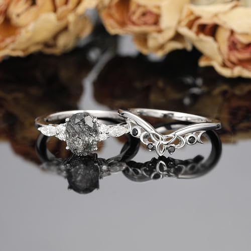 Oval Natural Black Rutilated Quartz Celtic Knot Bridal Wedding Ring Sets with Black Gold or Platinum Plated 925 Sterling Silver, Irish Gothic Engagement Rings and Spinel Trinity Annversary Band Size 4-94