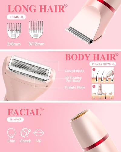 3-in-1 Bikini Trimmer for Women, Electric Razors Shaver for Public Hair - Rechargeable Body Hair Trimmer, Portable Detachable Removal Kit, lPX7 Waterproof Lightweight with LED Display, Gift for Women — view 2
