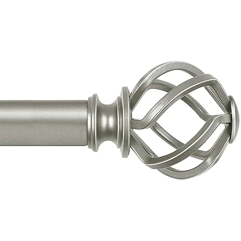 KAMANINA Antique Silver Curtain Rod 32 to 58 inch(2.6-4.8ft), 1 inch Adjustable Single Curtain Rods for Windows 28 to 48 inch, Decorative Drapery Rod with Twisted Cage Ends Cover