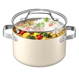 Bakken 5 Quart Ceramic Coated Stock Pot with Lid, Easy to Clean Nonstick Pot, Tempered Glass Lid, Riveted Stainless Steel Handles, Oven Safe Up To 500°F, PTFE & PFAS Free, All Stove Compatible, Cream