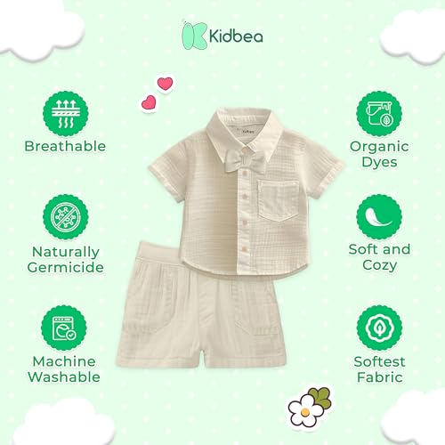 Image of Kidbea Boys Organic Cotton Shirt & Shorts with Bow | Soft Breathable Summer Co-Ord Outfit for Kids Casual Clothing Set (Off-White, 4-5 Years)