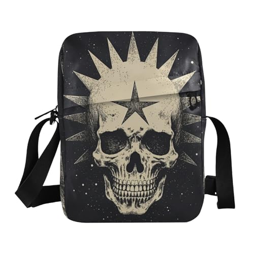 Skull with Star Sling Bag Zipper Closure Crossbody Messenger Bag with Card Phone Passport Compartment 6.6×9.4×2.5 inches