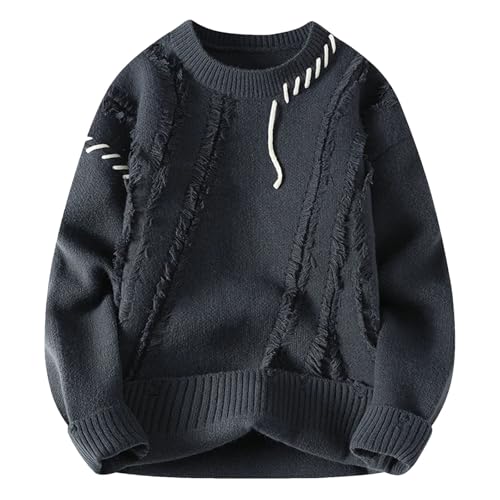 Men's Patchwork Knit Sweater Winter Warm O-Neck Pullover Streetwear Casual Top