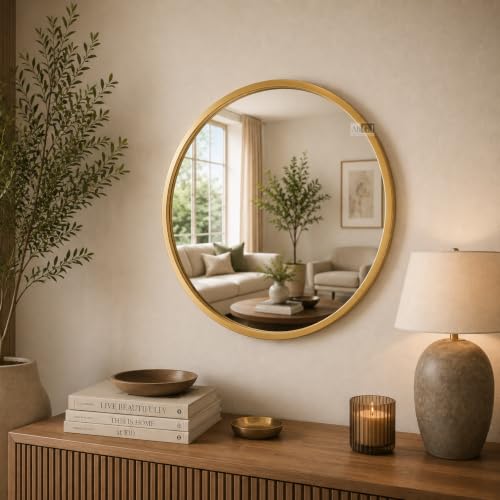 Image of Ali.G.I Round Wall Mirror, Modern Metal Framed Decorative Circle Vanity Mirror for Bathroom, Living Room, Bedroom & Entryway (Gold 16 inch)