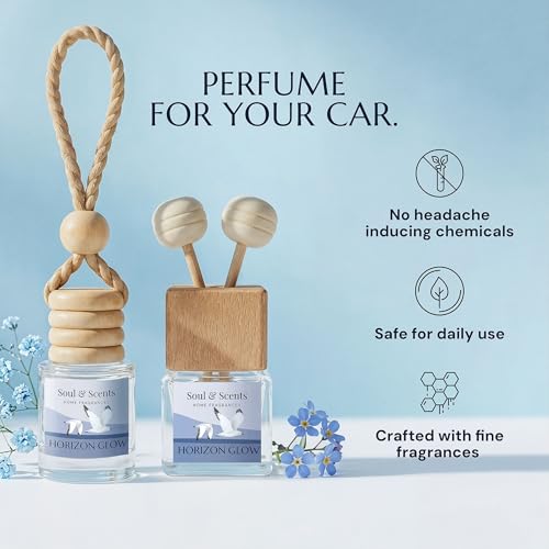 Image of Soul & Scents 16ml Luxury Car Perfumes Jasmine | Horizon Glow | 2-in-1 Hanging Pod & AC Vent Air Freshener | Premium Wooden Car Fragrance Accessory | Long Lasting Odour Eliminator | Pack of 2