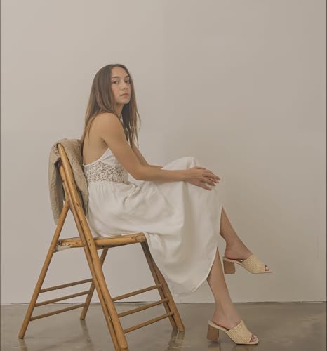Image of Ancomafio Heeled Sandals for Women,Raffia Sandals 2026 Chunky Heels Square Toe Mules Block Summer Shoes Slip On