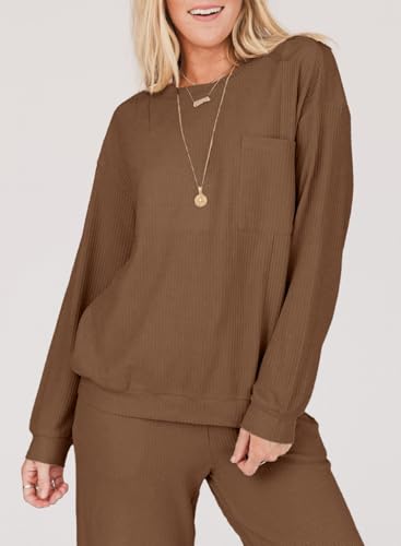 SHEWIN Women's 2 Piece Outfits Waffle Knit Lounge Sets Casual Long Sleeve Pullover Drawstring Jogger Pants Tracksuit Set4