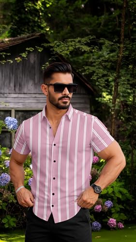Image of Vertical Striped Short Sleeve Casual Shirt for Men, Stratchable 100% Spandex Material,Black and White