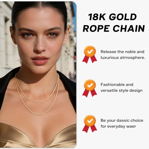 Eterjew 18k Gold Plated Rope Chain Necklace for Women, 2mm Womens Gold Rope Chain Necklace for Women 18 Inch — view 2