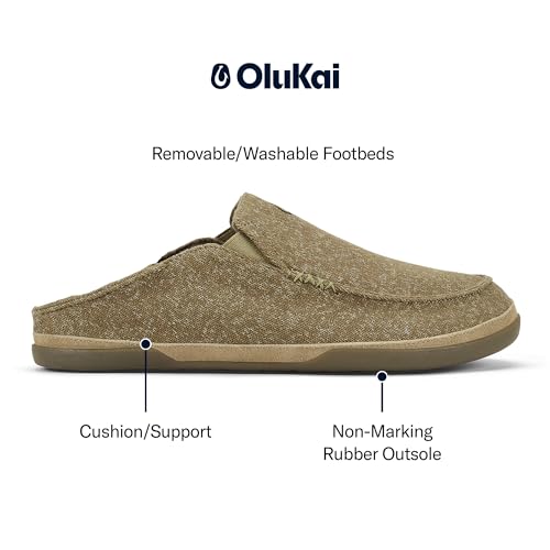 Image of OluKai Moloa Hulu Men's Wool-Blend Slippers, Soft & Heathered Knit Slip On Shoes, Suede Leather Foxing, Drop-In Heel Design