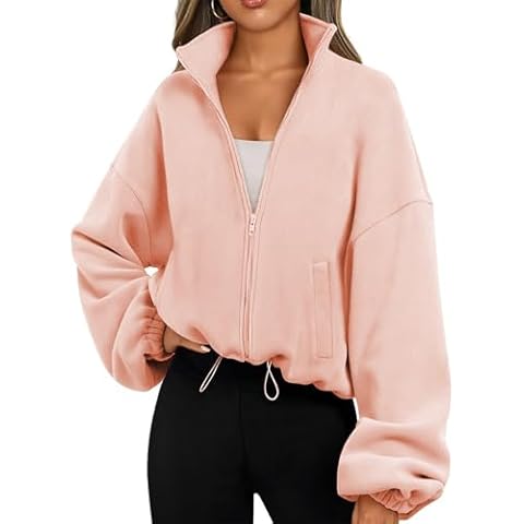 Famulily Ladies Cropped Sweatshirt with Drawstring Long Sleeve Mock Neck Jackets Cozy Streetwear Y2K Sherpa Sweater Tops Pink L Cover