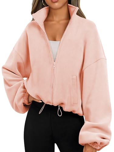 Famulily Ladies Cropped Sweatshirt with Drawstring Long Sleeve Mock Neck Jackets Cozy Streetwear Y2K Sherpa Sweater Tops Pink XL