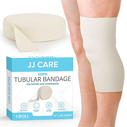 JJ CARE Tubular Bandage, 4” x 28 Yards Stockinette Tubing for Legs and Knees, Size F Reusable Elastic Bandage Sleeve, Tubular Compression Bandage Roll for Ankles and Elbows, Rubber Latex w/Cotton