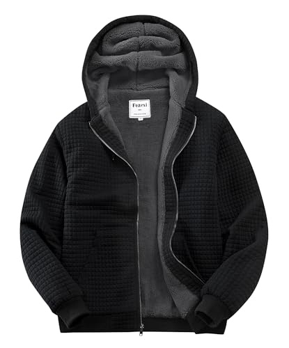 Fozexi Men's Full Zip Heavyweight Sherpa Lined Fleece Hoodie Jacket Black Medium