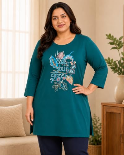 Image of RYSH Women's Plus Size Printed Nightshirt | Round Neck | 3 /4 Sleeve | Relaxed Fit Long Nightwear Top |